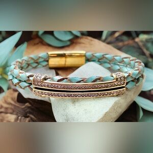 Baby blue genuine leather pave bar bracelet